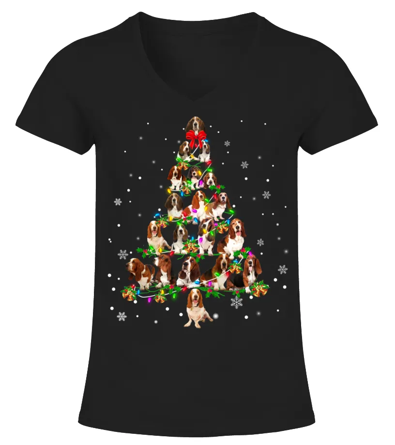 Basset Hound-Christmas Tree Camiseta cuello pico Mujer