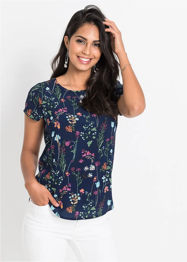 Blusa de manga corta Azul oscuro de flores