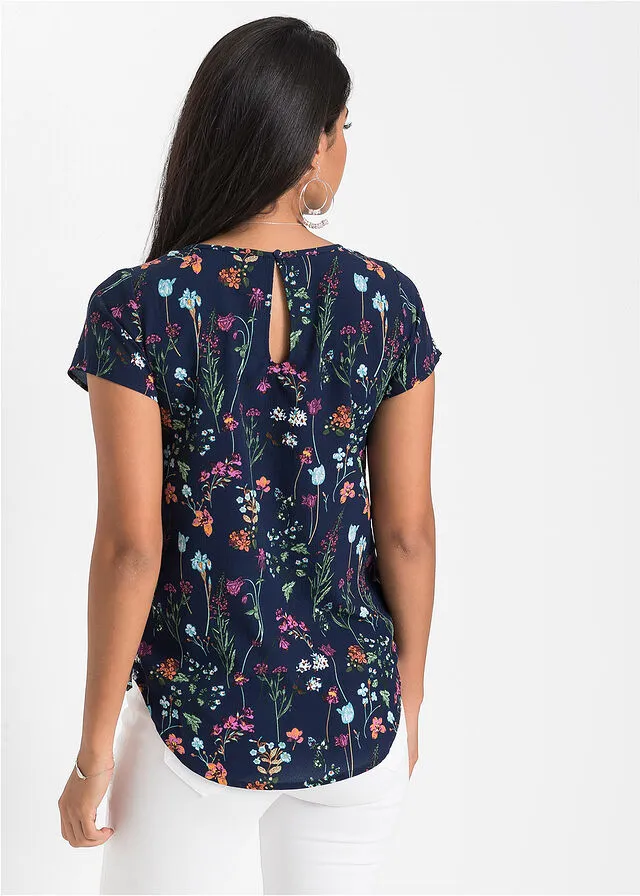 Blusa de manga corta Azul oscuro de flores