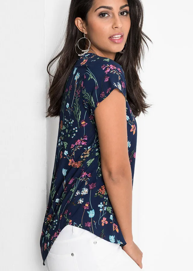 Blusa de manga corta Azul oscuro de flores