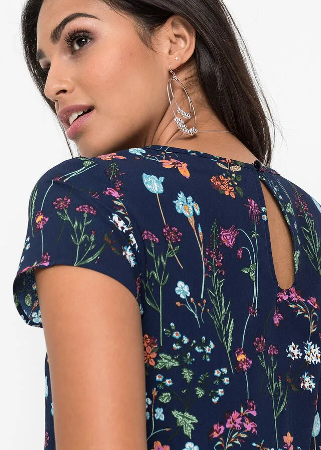 Blusa de manga corta Azul oscuro de flores