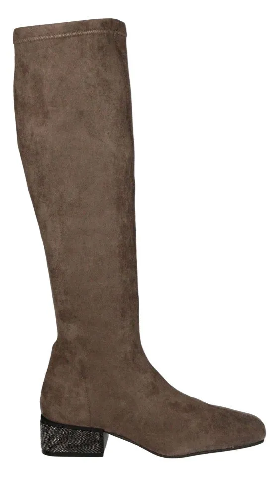 Bota Alta Ante-licra Taupe Tacon Brillo Plateado