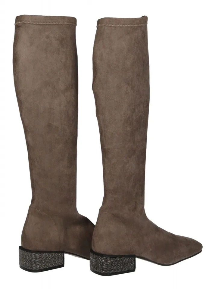 Bota Alta Ante-licra Taupe Tacon Brillo Plateado