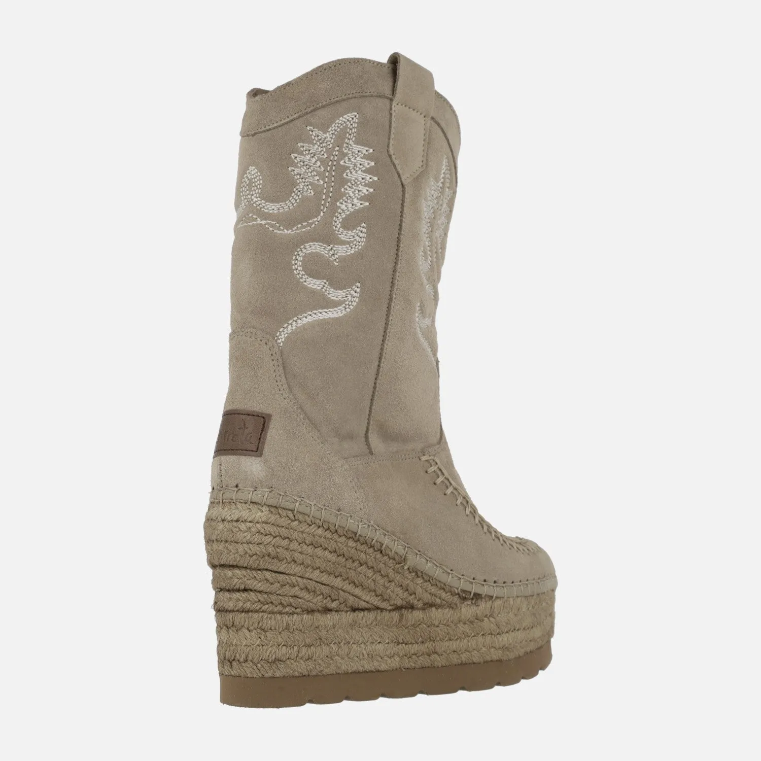 BOTAS DE serraje taupe CON BORDADOS Y CUÑA DE YUTE