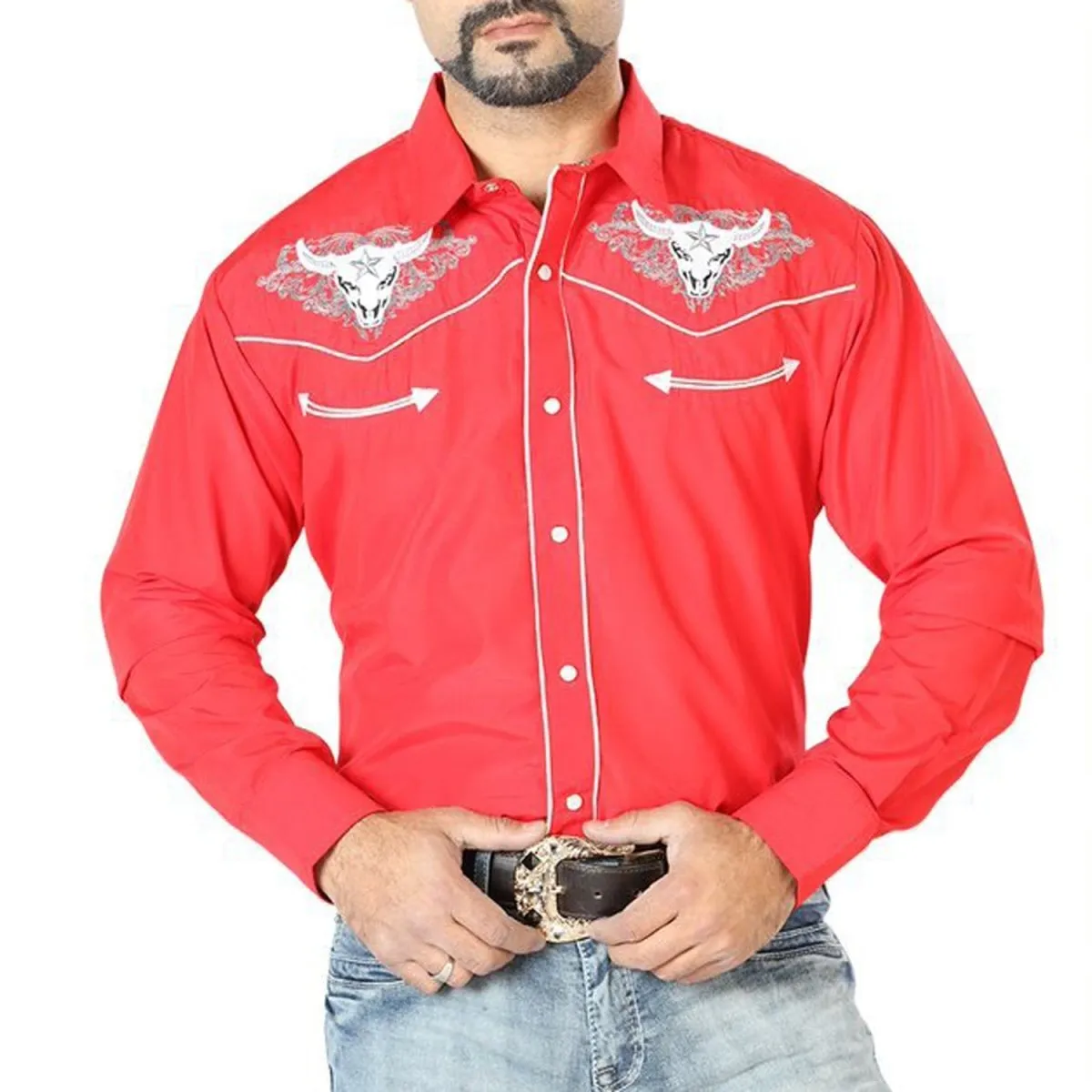 Camisa Vaquera Bordada El Seor de los Cielos Roja GEN-126678