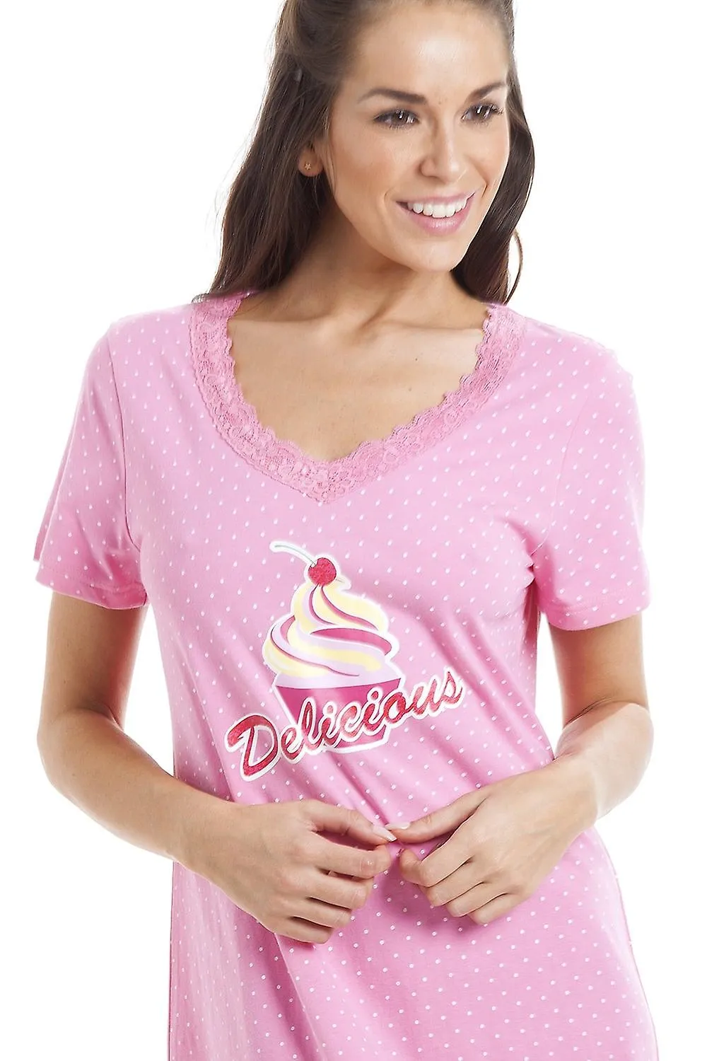 Camisón de algodón rosa Camille White Polka Dot Delicious Cupcake Motif para mujer