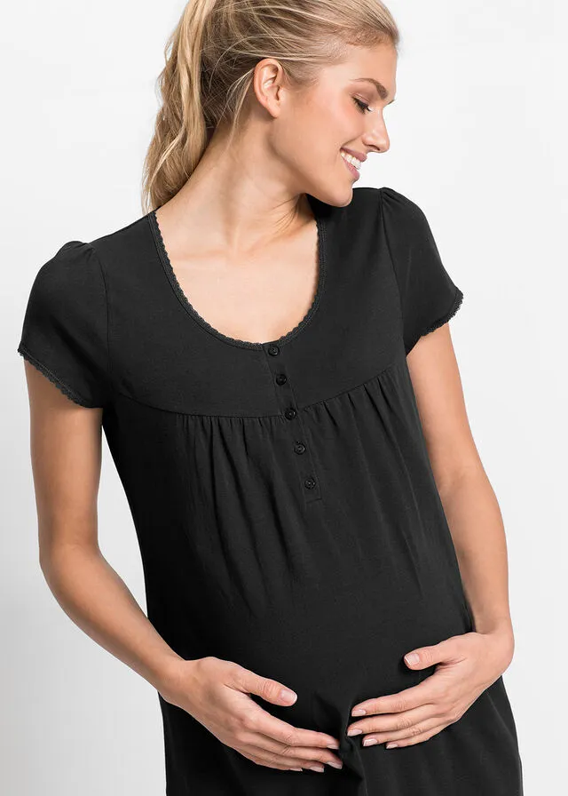 Camisón de lactancia de algodón orgánico Negro