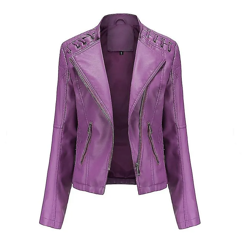 Chaqueta Moto de piel sintética para mujer Chaqueta de cuero delgada delgada