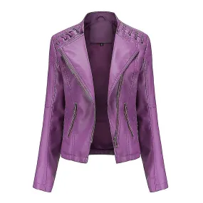 Chaqueta Moto de piel sintética para mujer Chaqueta de cuero delgada delgada