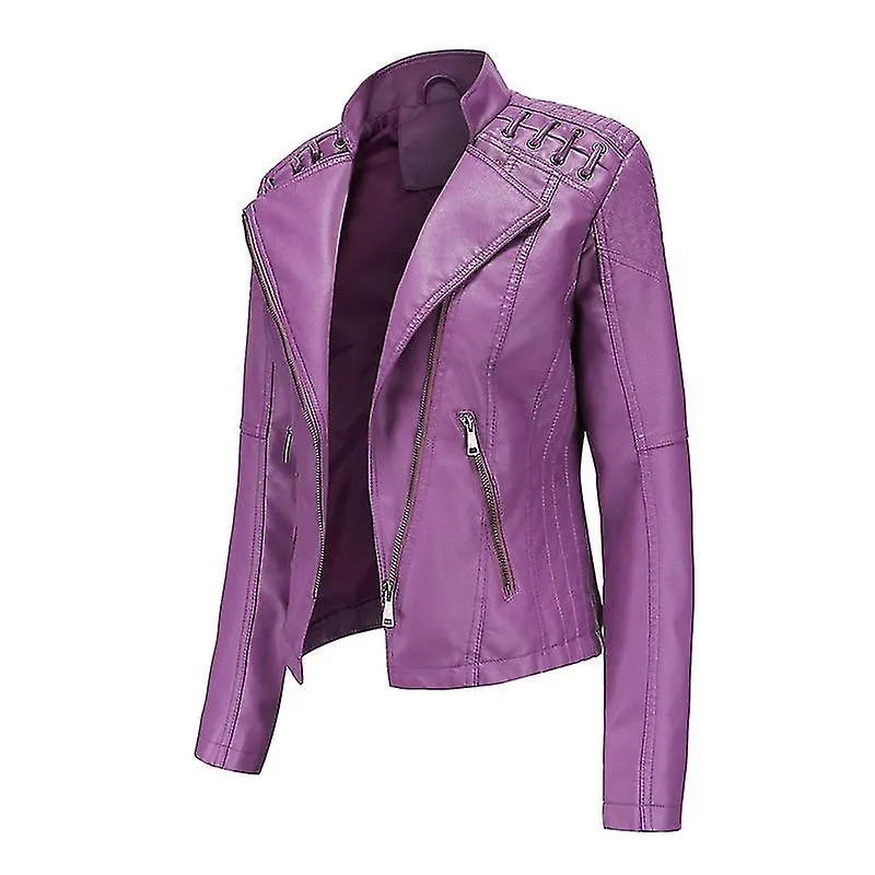 Chaqueta Moto de piel sintética para mujer Chaqueta de cuero delgada delgada