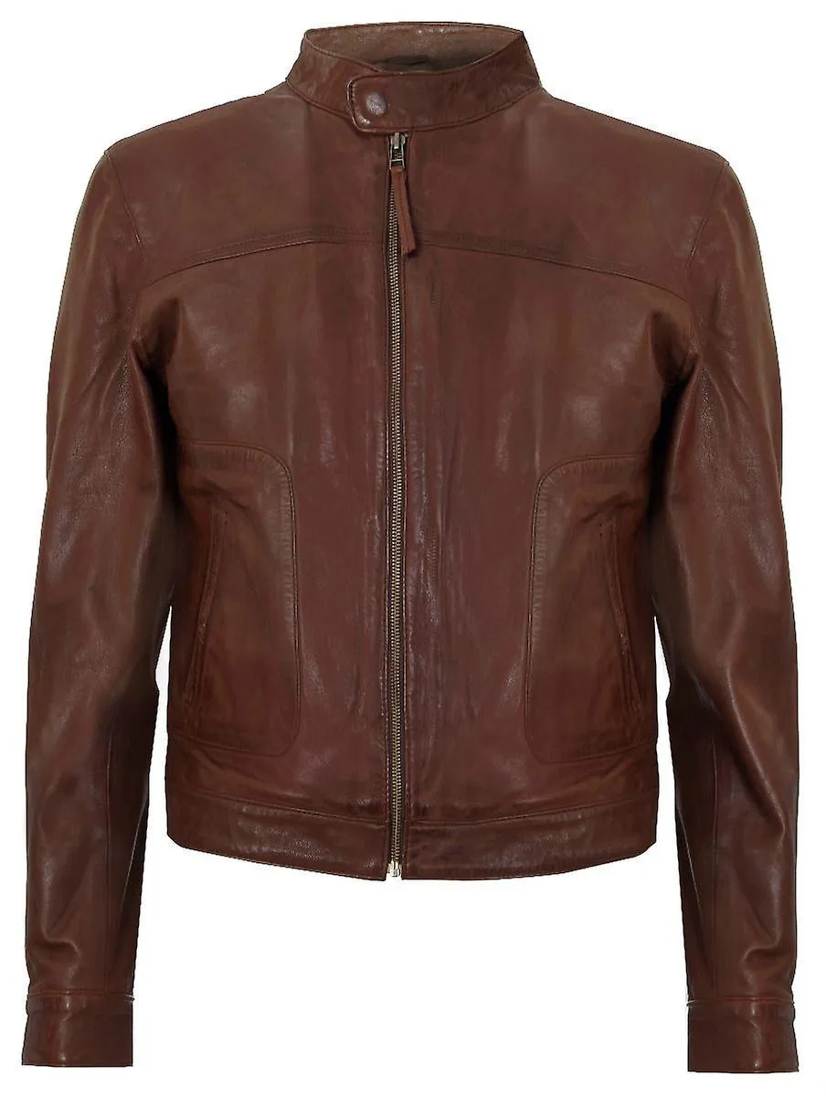 Hombre Marrón Suave Cuero BIKER Rock Zipper Chaqueta