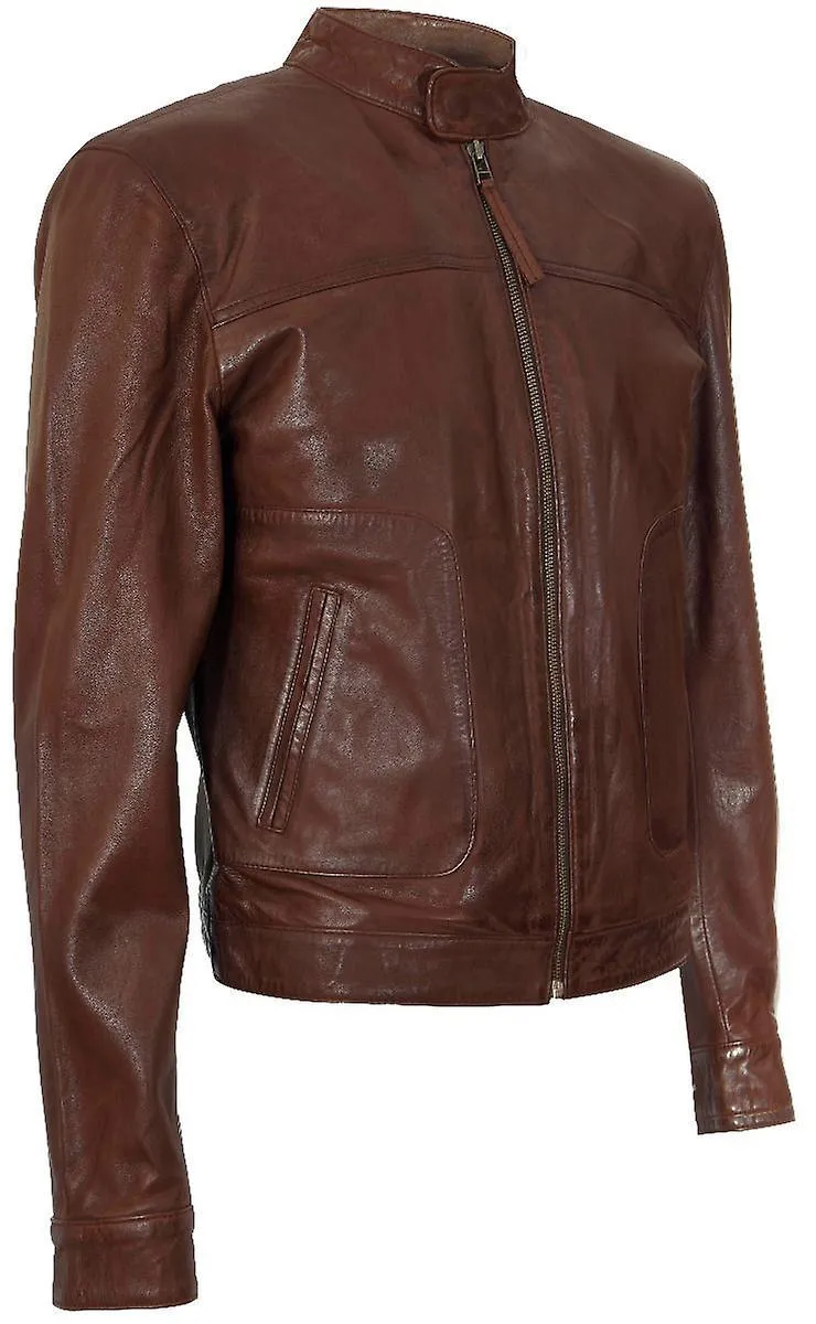 Hombre Marrón Suave Cuero BIKER Rock Zipper Chaqueta