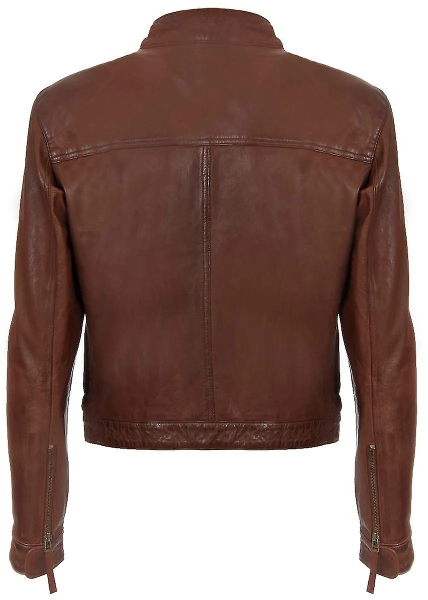 Hombre Marrón Suave Cuero BIKER Rock Zipper Chaqueta