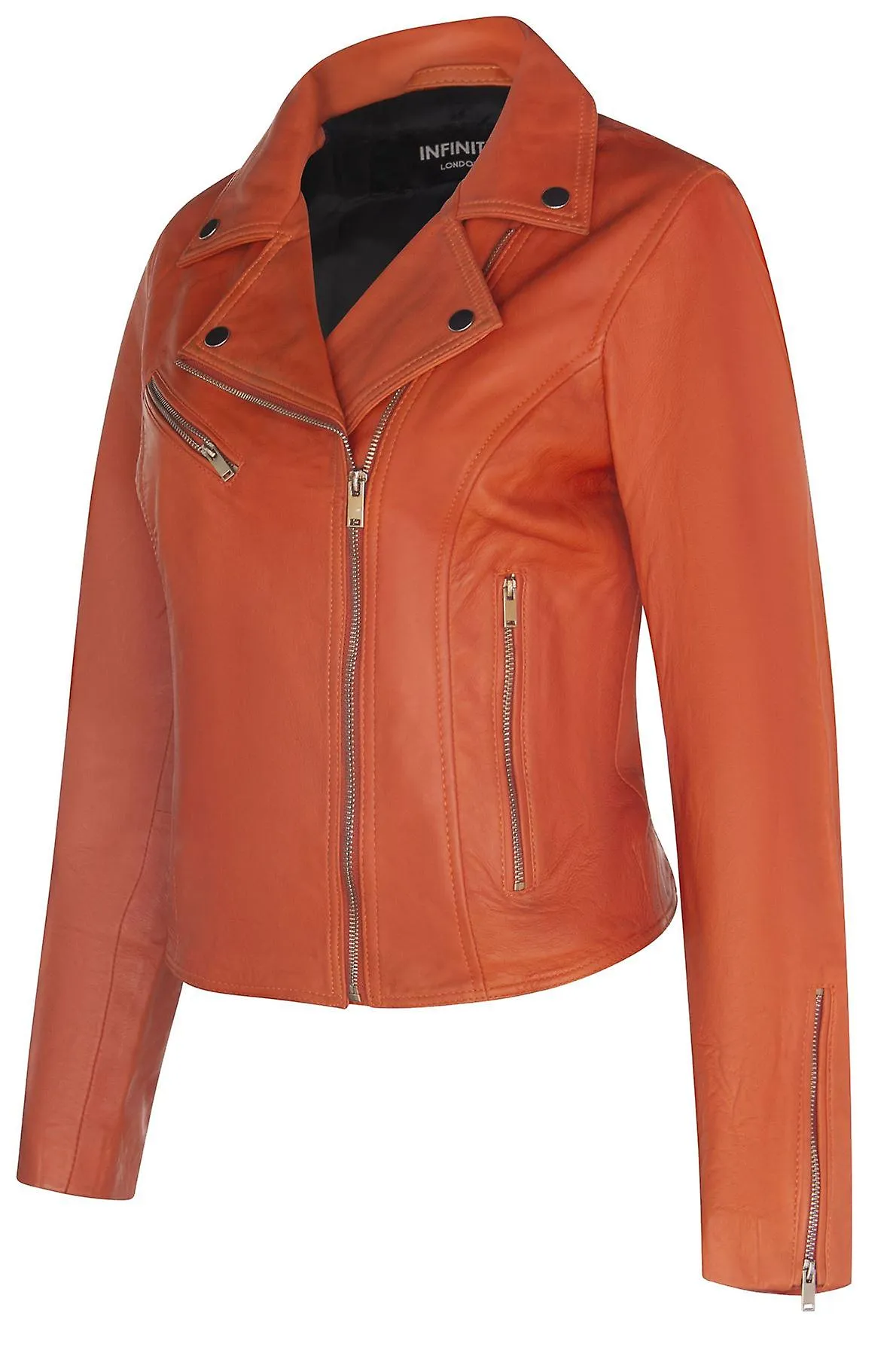 Ladies Classic Biker Style Chaqueta naranja de cuero real