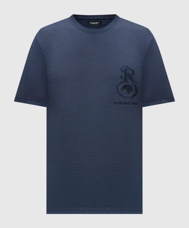 Stefano Ricci Blue wool t-shirt with logo embroidery