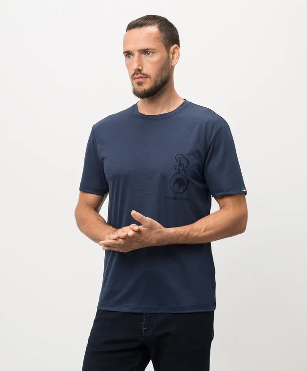 Stefano Ricci Blue wool t-shirt with logo embroidery