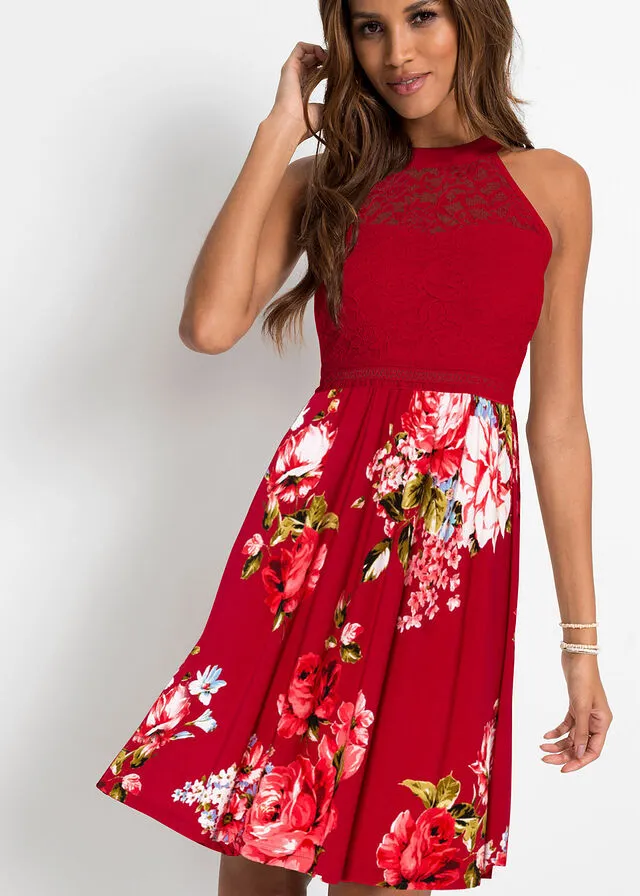 Vestido con encaje Rojo-rosa de flores