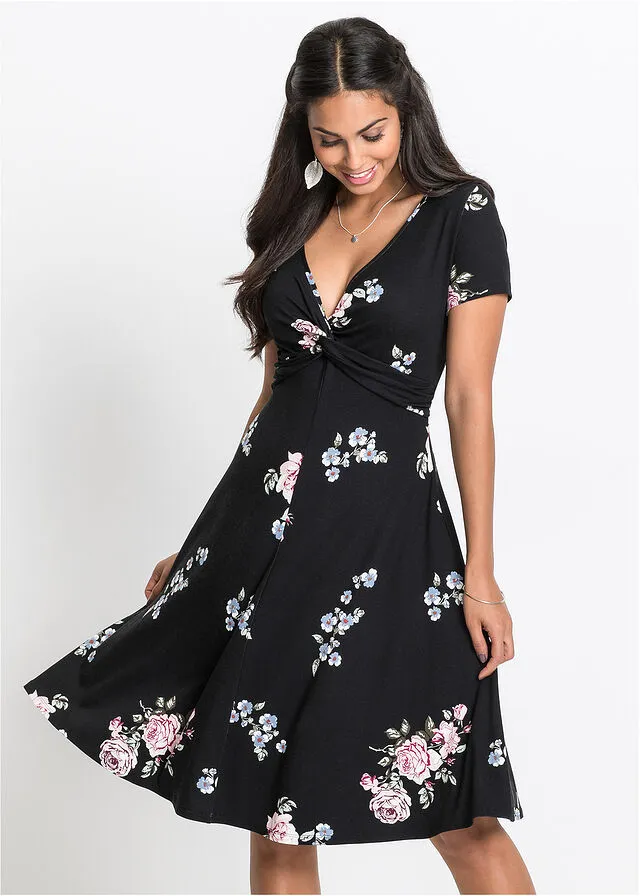 Vestido de punto de viscosa sostenible Negro de flores