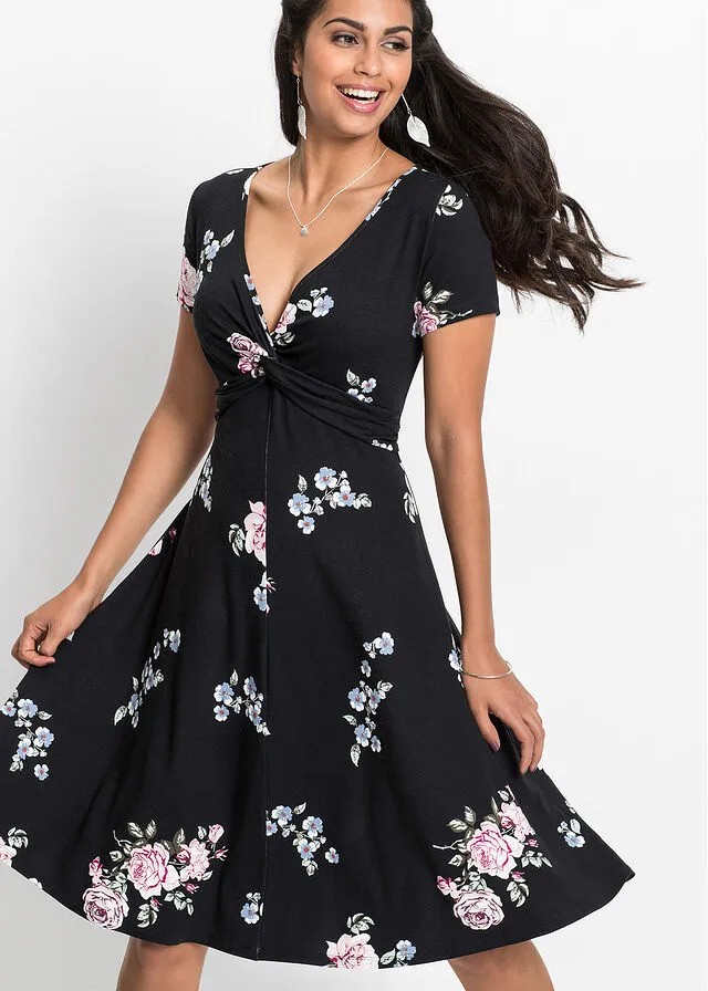 Vestido de punto de viscosa sostenible Negro de flores